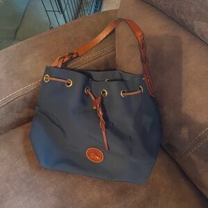 Dooney & Bourke Blue and Brown Shoulder Bag with Leather Accents